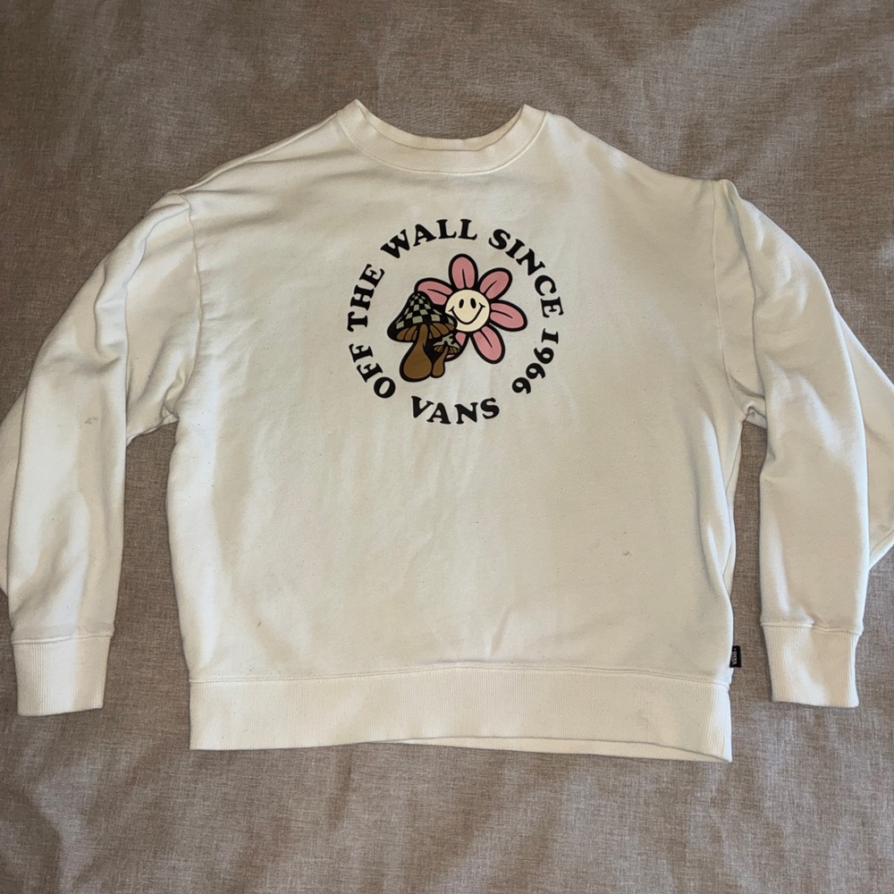 Vans Cream Crewneck with Pink Flower Graphic